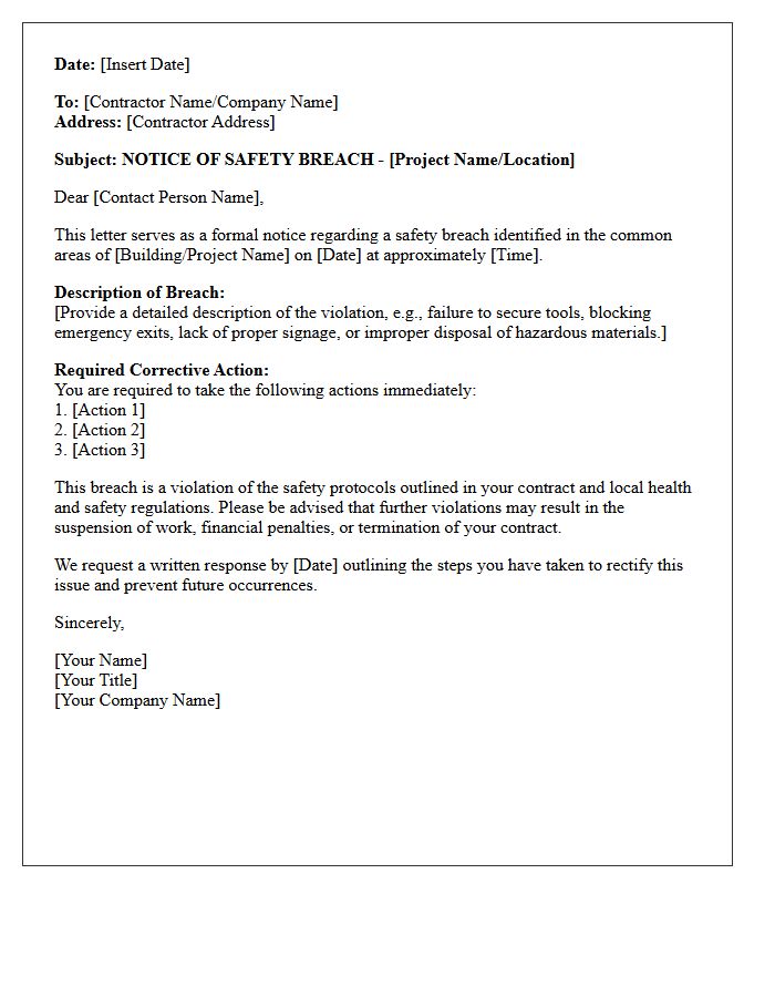 Notice Letter for Contractor Safety Breach in Common Areas