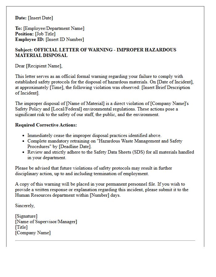 Official Letter of Warning for Improper Hazardous Material Disposal