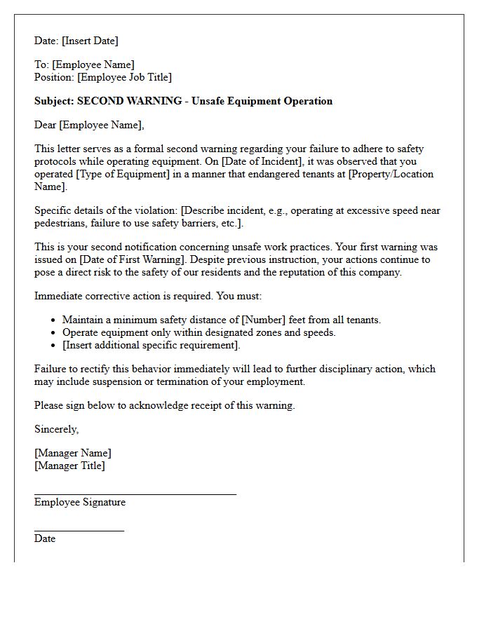 Second Warning Letter for Unsafe Equipment Operation Near Tenants