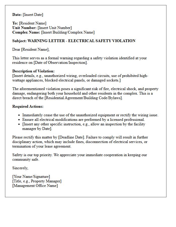 Warning Letter for Electrical Safety Violations in Residential Complex