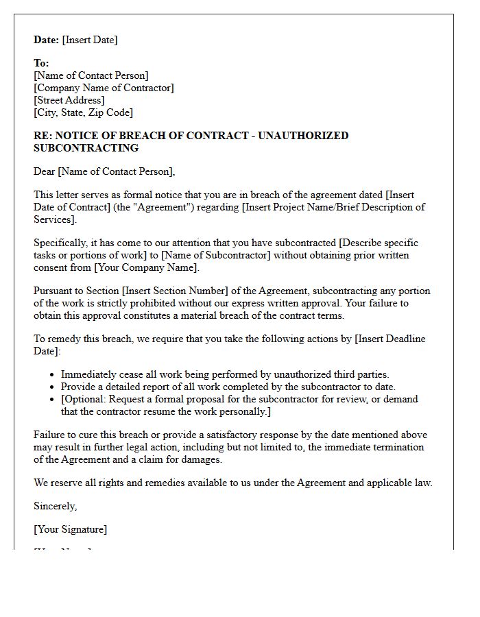 Breach of Contract and Unauthorized Subcontracting Letter