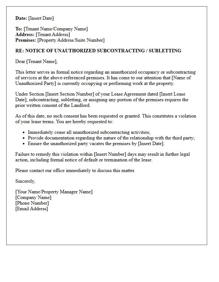 Commercial Property Unauthorized Subcontracting Letter