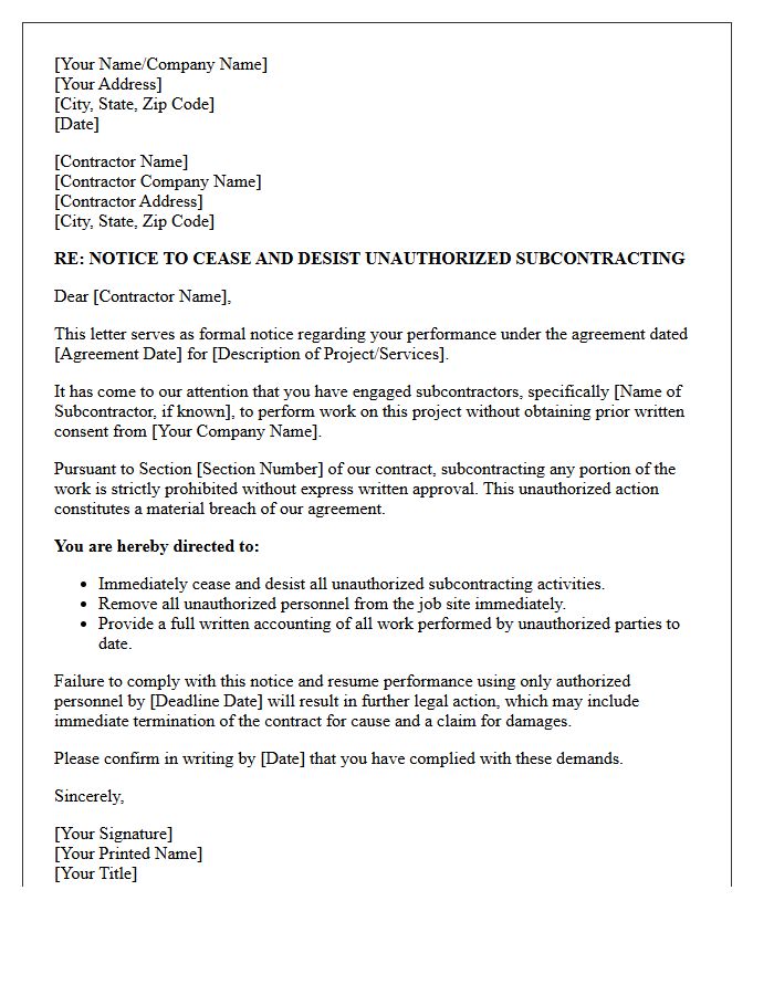 Contractor Cease and Desist Unauthorized Subcontracting Letter