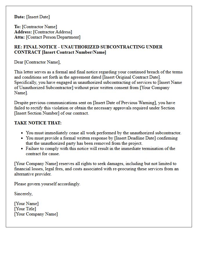 Final Notice of Unauthorized Subcontracting Letter