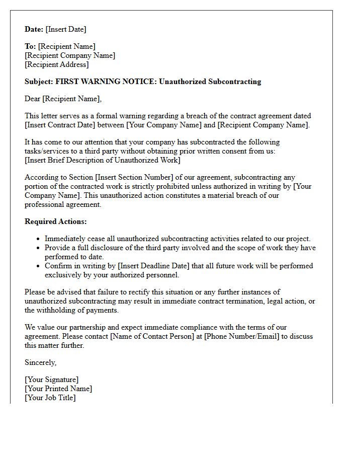 First Warning Notice of Unauthorized Subcontracting Letter