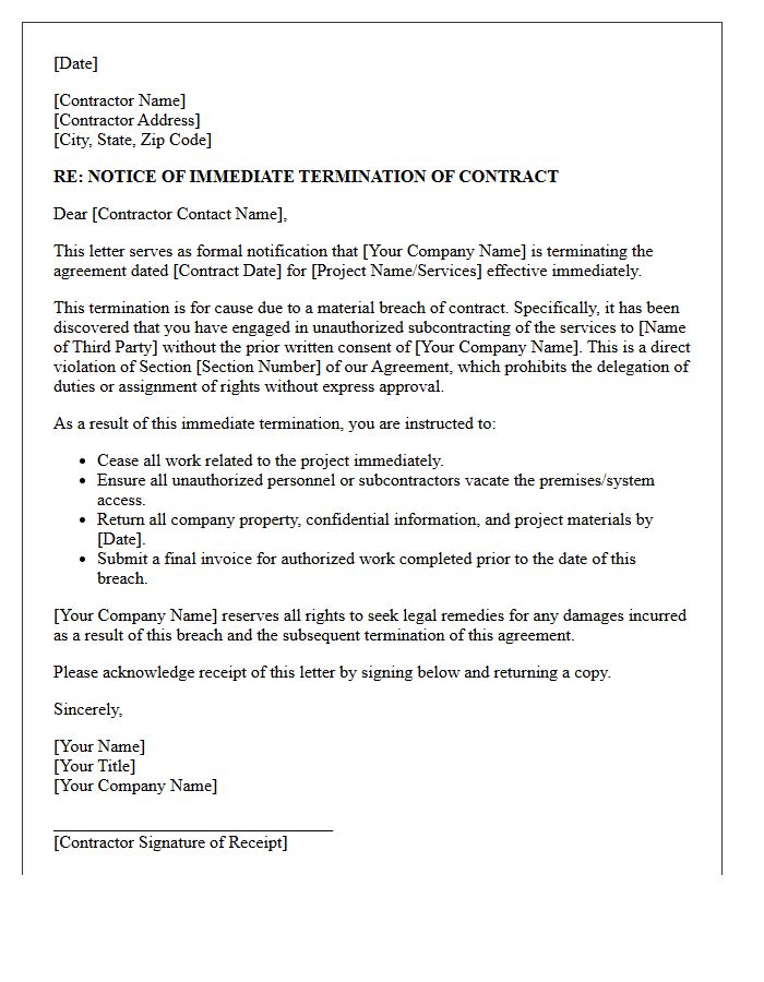 Immediate Termination for Unauthorized Subcontracting Letter
