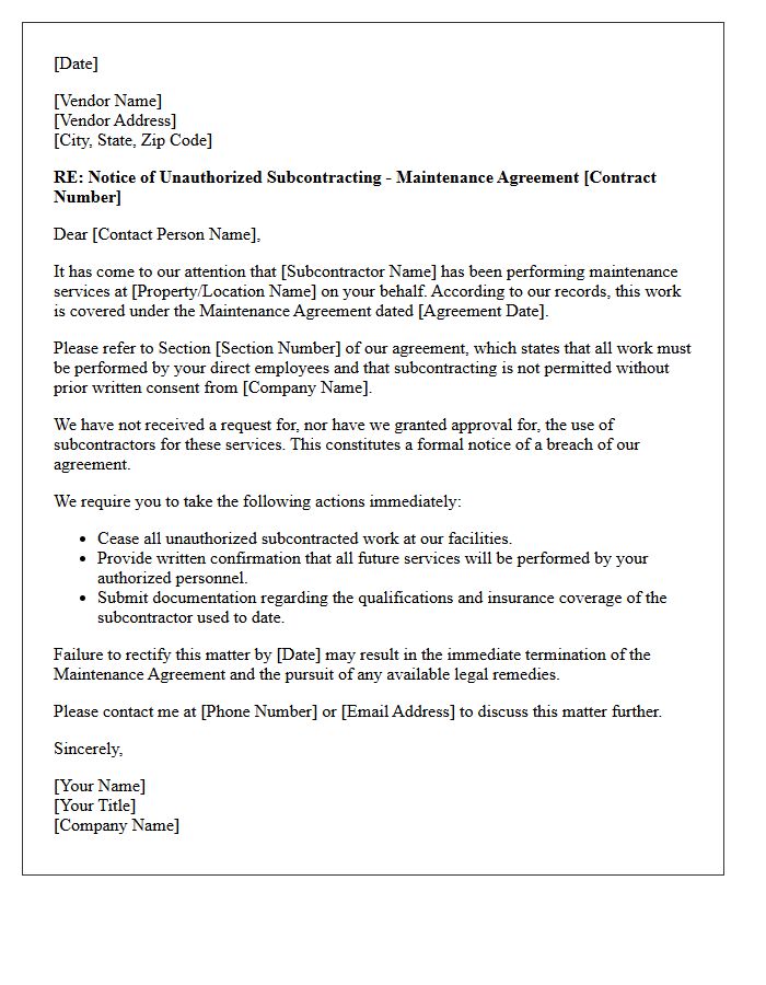 Maintenance Agreement Unauthorized Subcontracting Letter