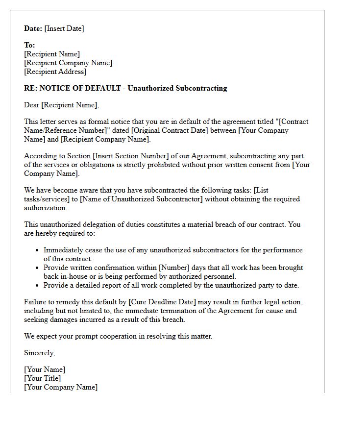 Notice of Default Due to Unauthorized Subcontracting Letter