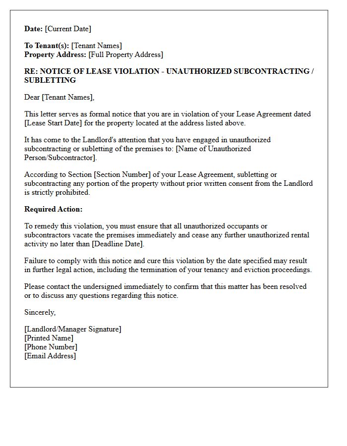 Notice of Lease Violation for Unauthorized Subcontracting Letter