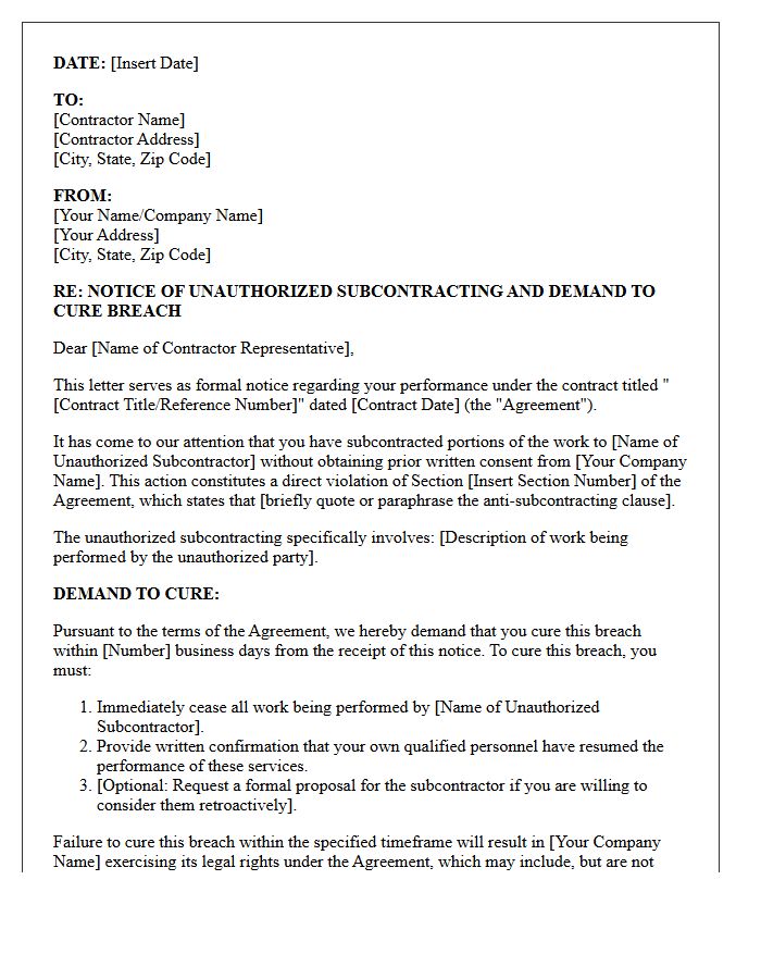 Notice of Unauthorized Subcontracting and Demand to Cure Letter