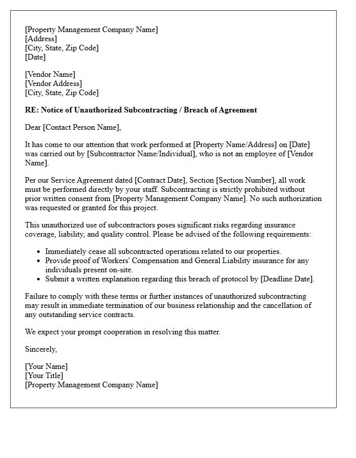 Property Management Vendor Unauthorized Subcontracting Letter