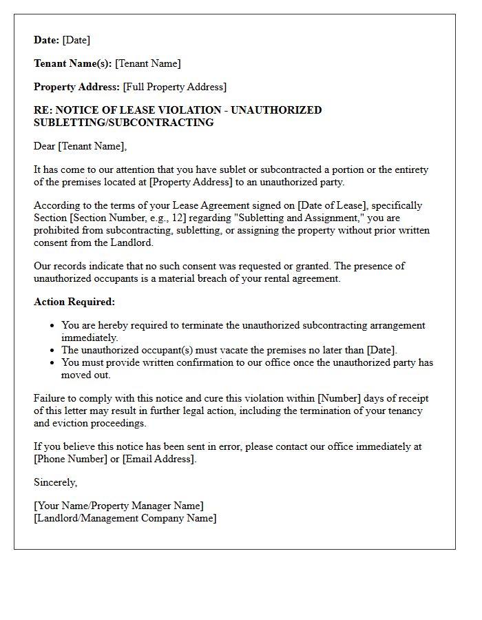 Tenant Notice of Unauthorized Subcontracting Letter