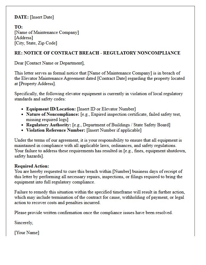 Elevator Maintenance Regulatory Noncompliance Breach Letter