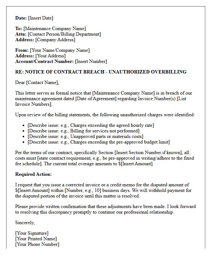 General Maintenance Unauthorized Overbilling Breach Letter
