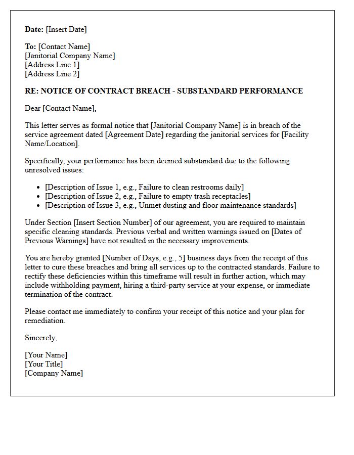 Janitorial Substandard Performance Breach Letter