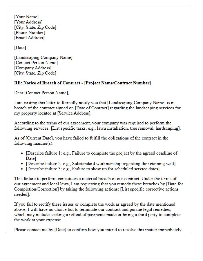 Landscaping Service Failure Breach of Contract Letter