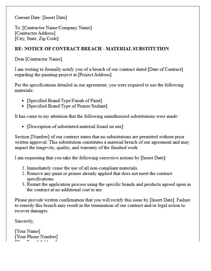 Painting Contractor Material Substitution Breach Letter