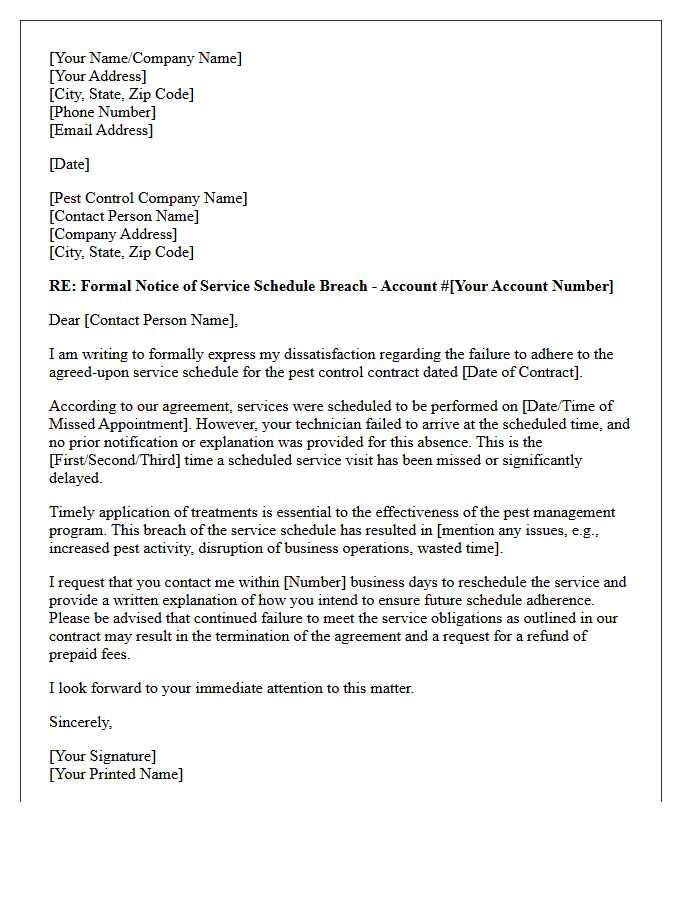 Pest Control Service Schedule Adherence Breach Letter