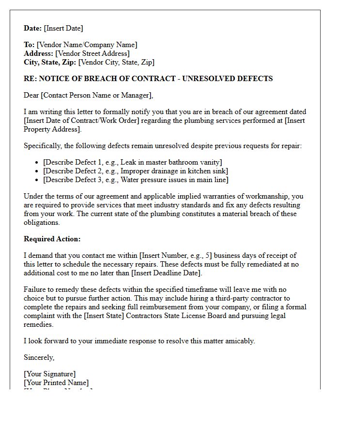 Plumbing Vendor Unresolved Defect Breach Letter