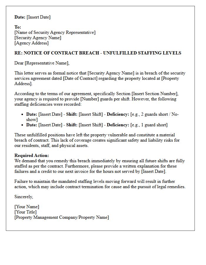 Property Security Unfulfilled Staffing Breach Letter