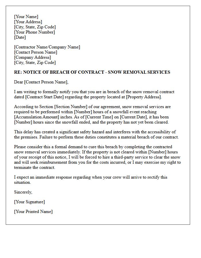 Snow Removal Delay Breach of Contract Letter