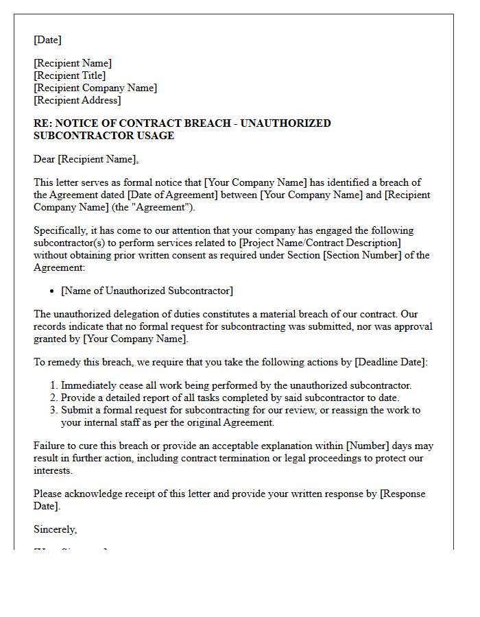 Unauthorized Subcontractor Usage Breach Notification Letter