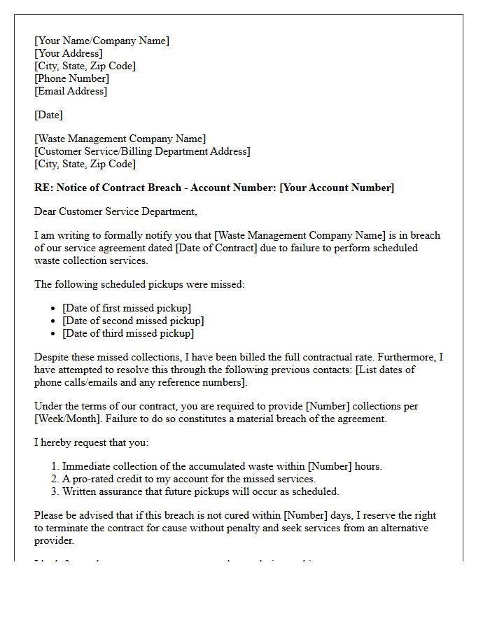 Waste Management Missed Pickup Contract Breach Letter