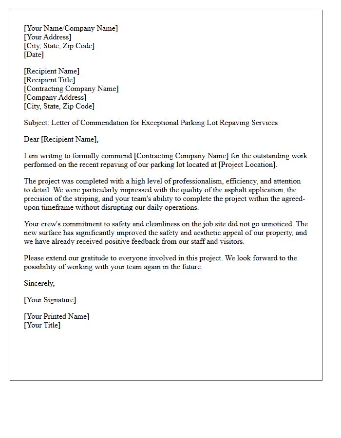 Commendation Letter for Exceptional Parking Lot Repaving Completion