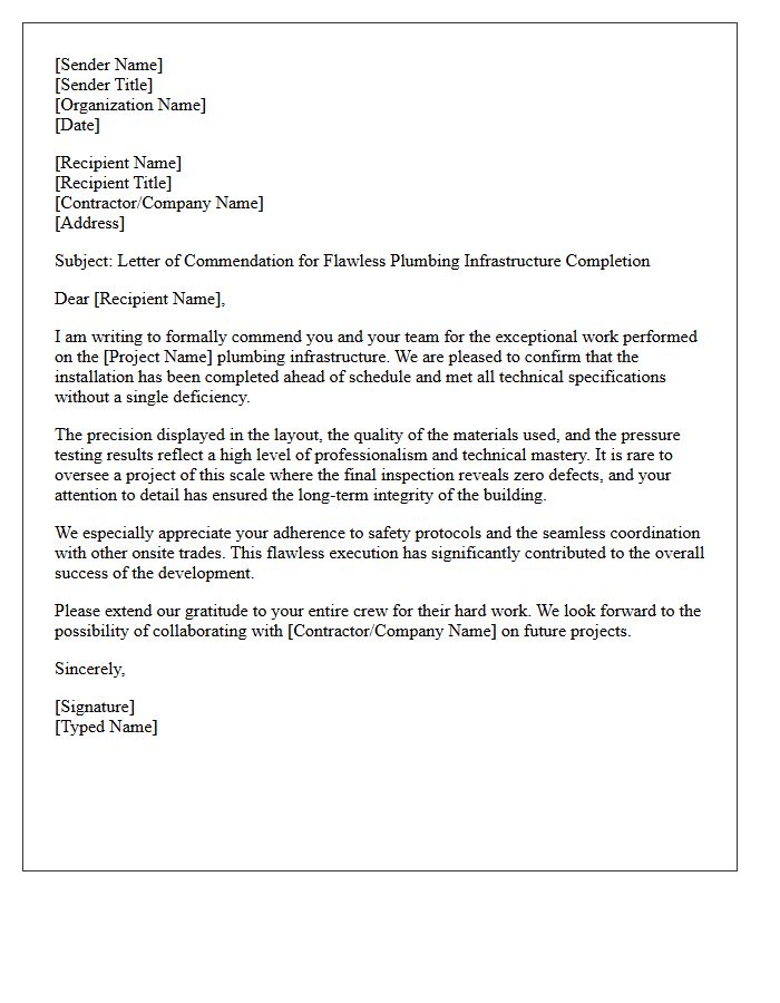 Commendation Letter for Flawless Plumbing Infrastructure Completion