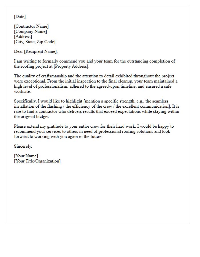 Commendation Letter for Outstanding Roofing Project Completion