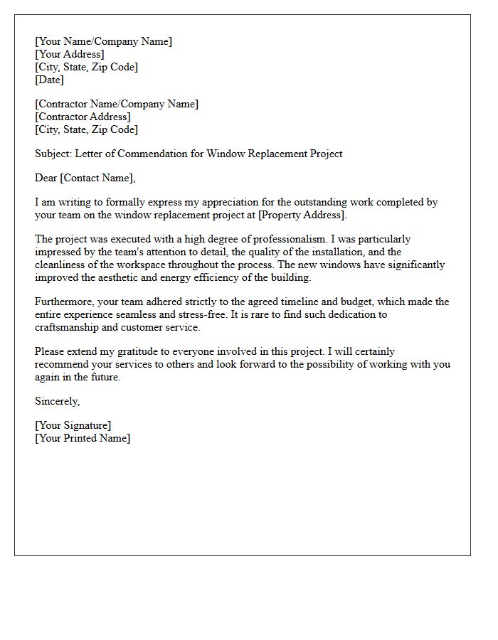 Commendation Letter for Outstanding Window Replacement Project Completion