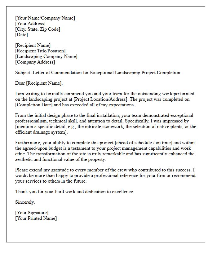 Letter of Commendation for Exceptional Landscaping Project Completion