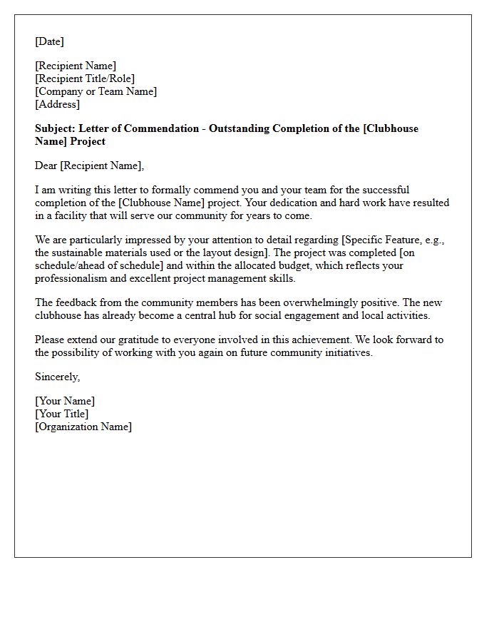 Letter of Commendation for Outstanding Community Clubhouse Project Completion