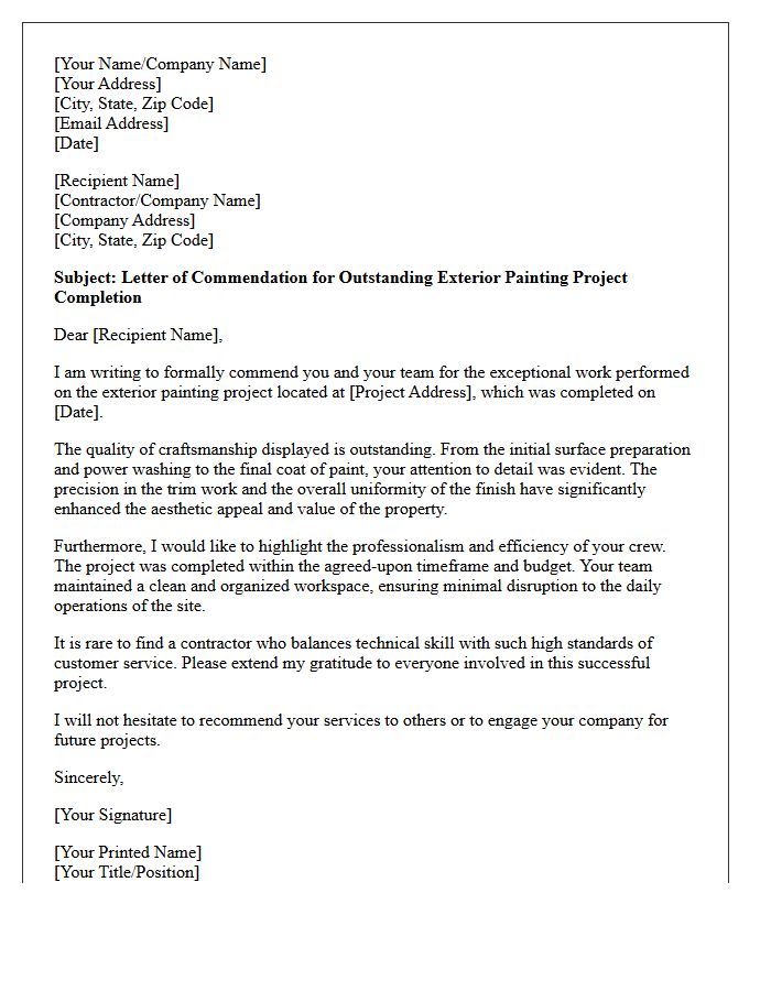 Letter of Commendation for Outstanding Exterior Painting Project Completion