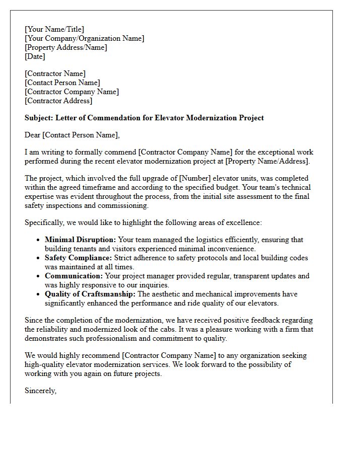 Outstanding Elevator Modernization Contractor Commendation Letter