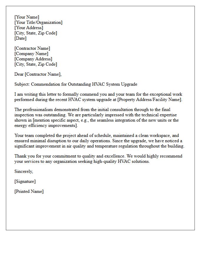 Outstanding HVAC System Upgrade Contractor Commendation Letter
