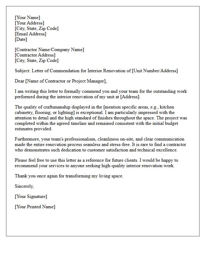Outstanding Interior Unit Renovation Contractor Commendation Letter