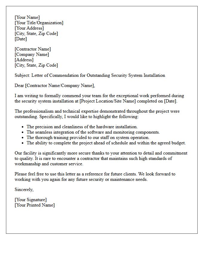 Outstanding Security System Installation Contractor Commendation Letter