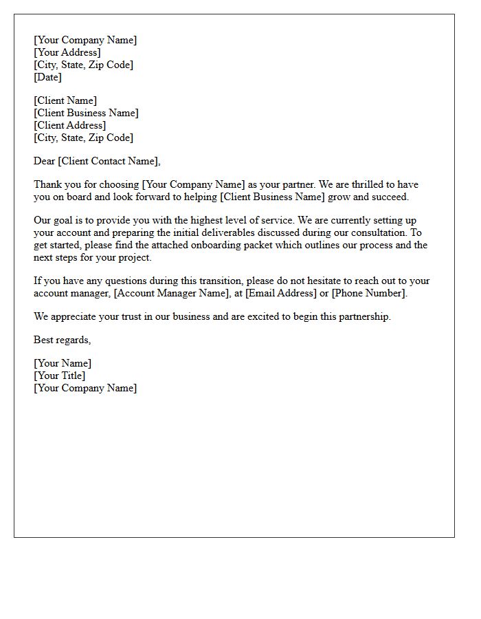 New Small Business Client Onboarding Thank You Letter