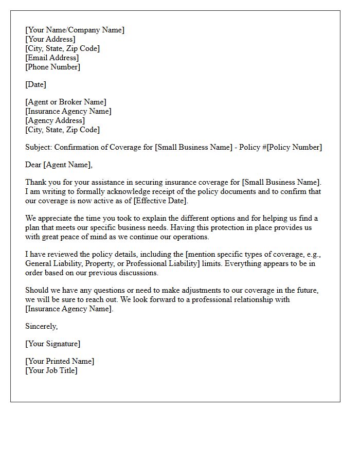 Small Business Insurance Coverage Confirmation Thank You Letter