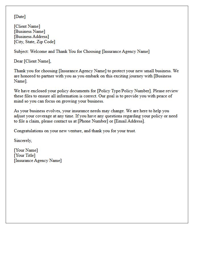 Thank You for Insuring Your New Small Business with Us Letter
