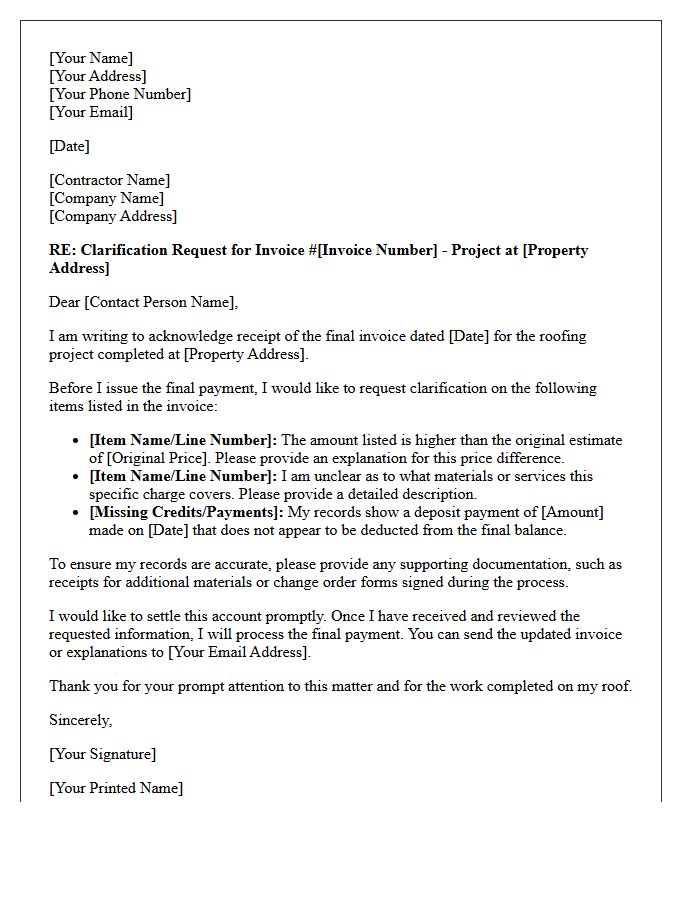 Clarification Request on Roofing Contractor Final Invoice Letter