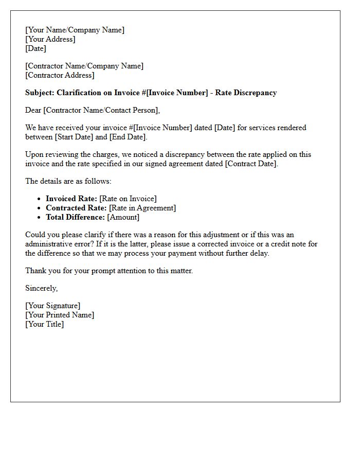Contract Rate Discrepancy Clarification on Contractor Invoice Letter