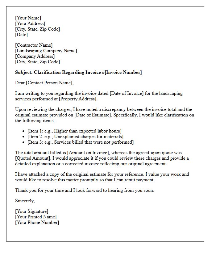 Discrepancy Clarification on Landscaping Contractor Invoice Letter