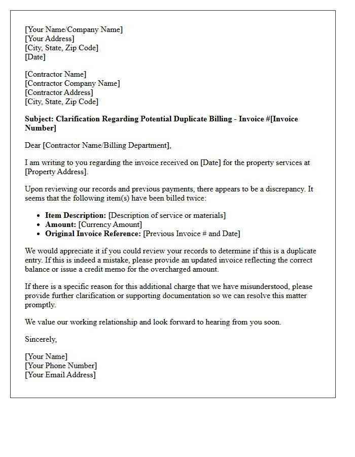Duplicate Billing Clarification on Property Contractor Invoice Letter