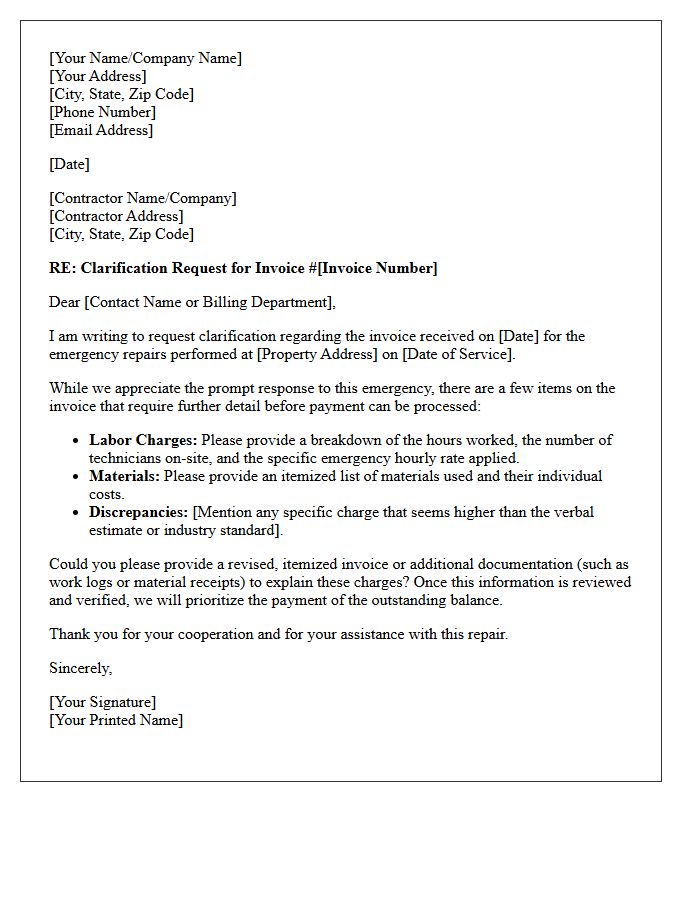 Emergency Repair Contractor Invoice Clarification Letter