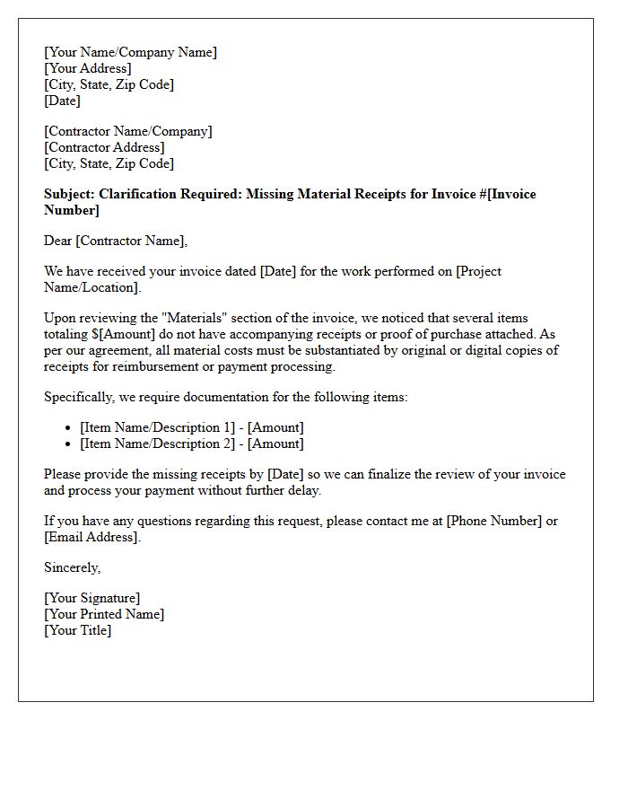 Missing Material Receipts Clarification on Contractor Invoice Letter