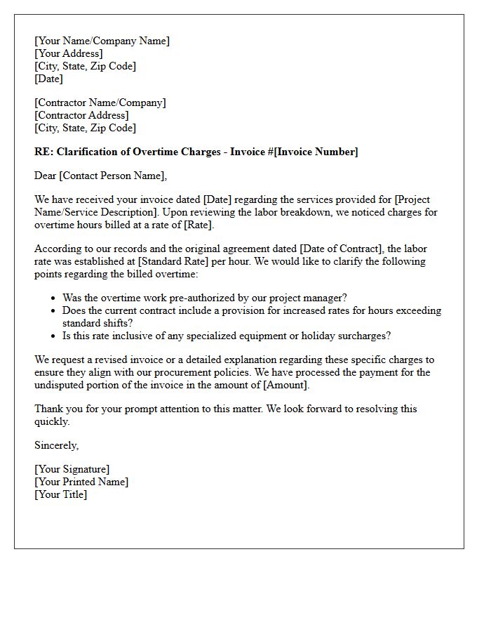 Overtime Labor Rate Clarification on Contractor Invoice Letter