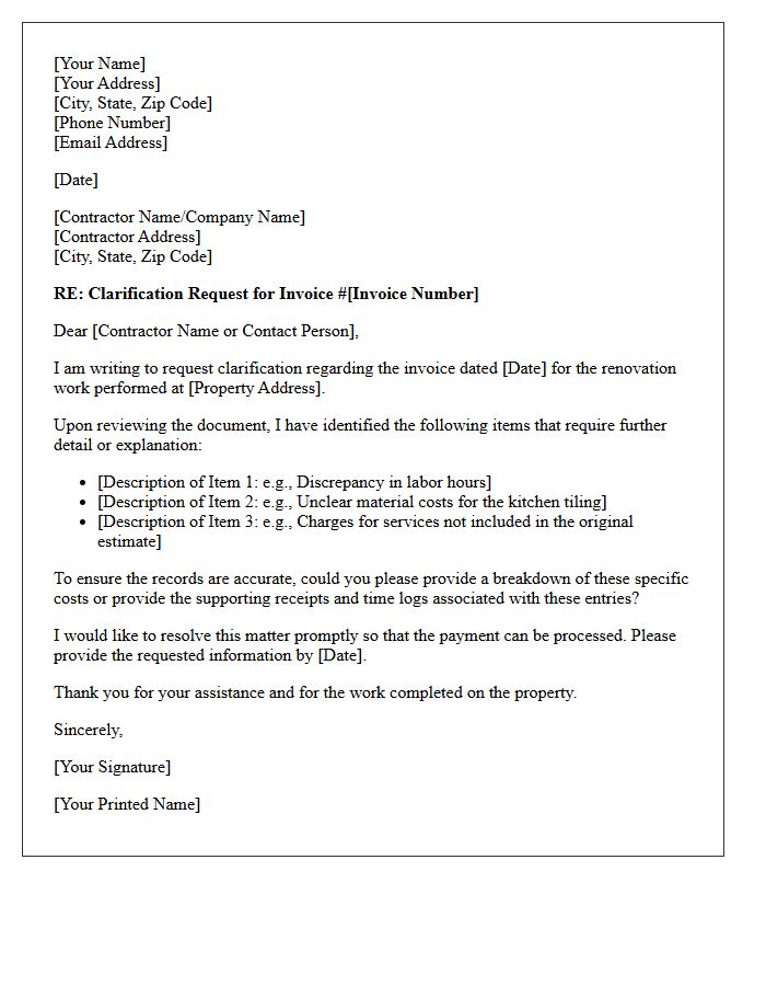Property Renovation Contractor Invoice Clarification Request Letter