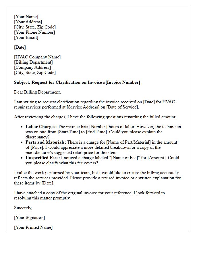 Request for Clarification on HVAC Contractor Repair Invoice Letter